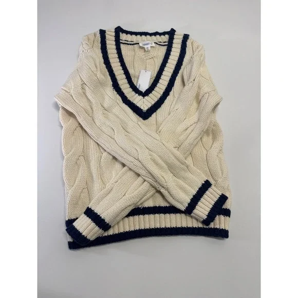 NWT Johnnie-O Women's XS Varsity Cable Knit Cotton Sweater Vanilla Navy V Neck - Picture 6 of 9